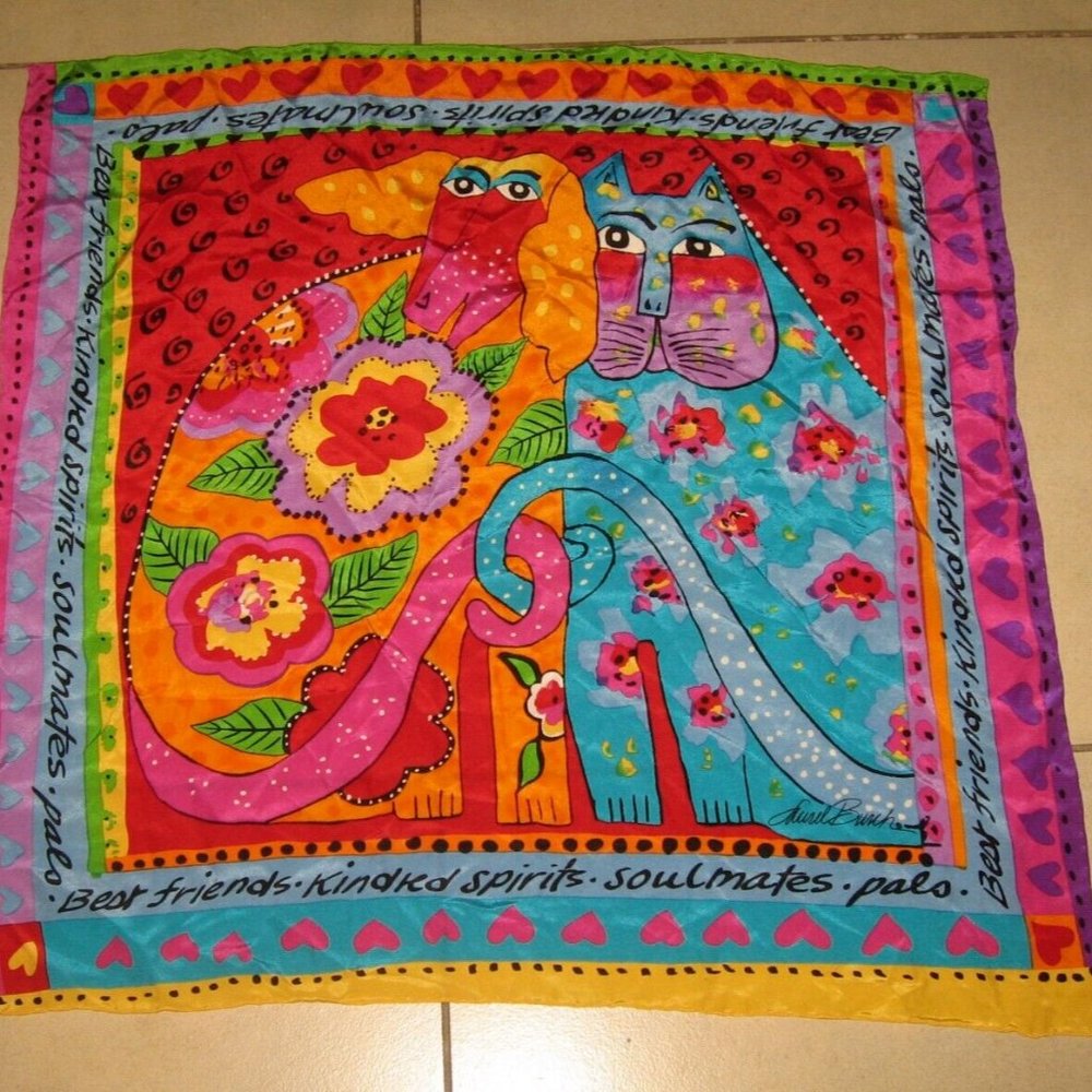 ❤️LAUREL BURCH Hand Rolled CAT DOG BEST FRIENDS SOULMATES Silk Scarf Bandana